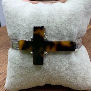 Cross Tortoise Silver Tone Hammered Hook Bangle Bracelet